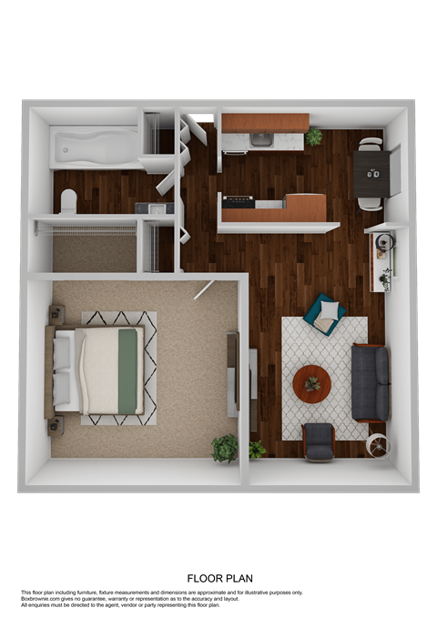 Floor plan for 1 bed, 1 bath, 600 sqft